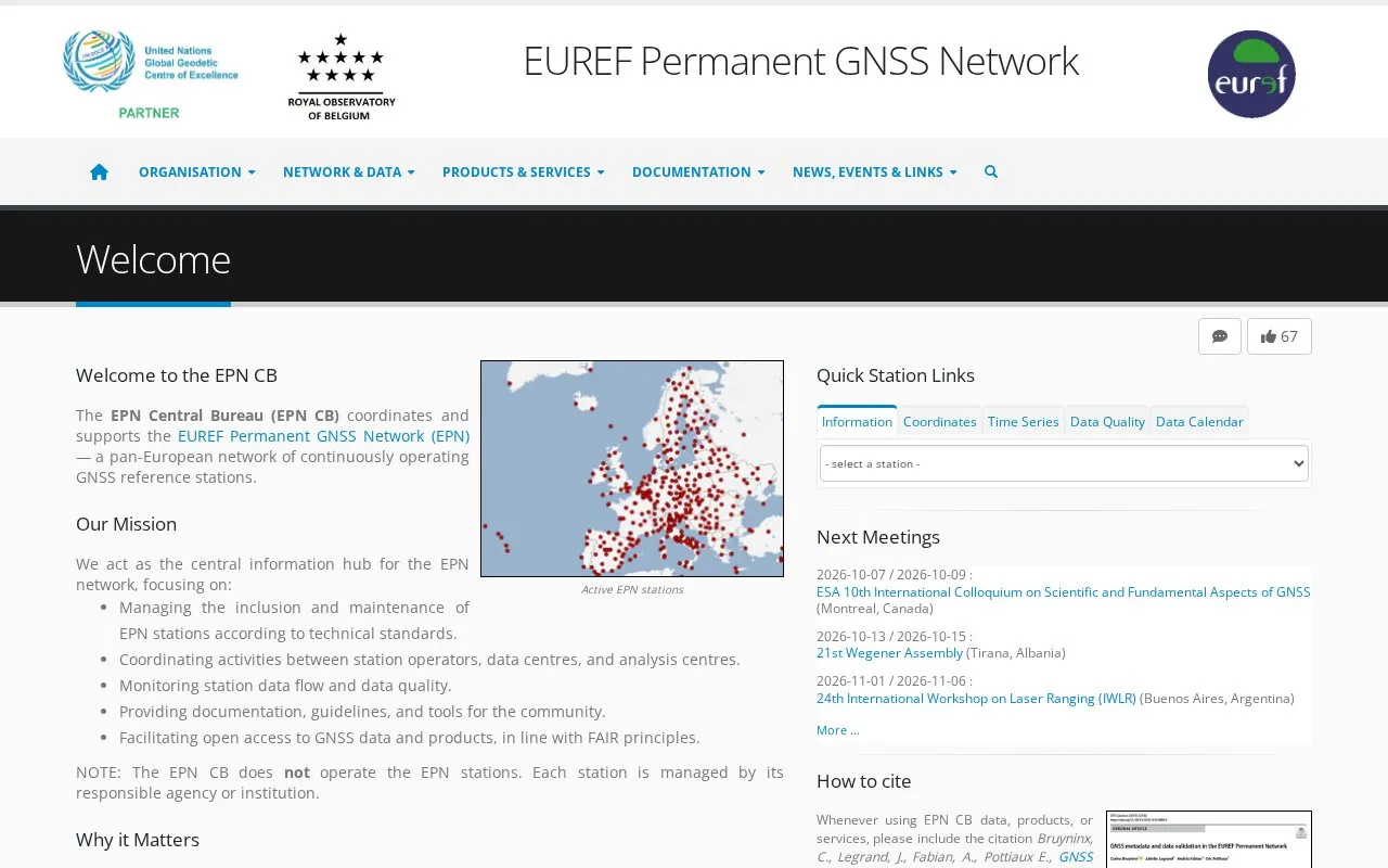 EUREF Permanent GNSS Network homepage screenshot