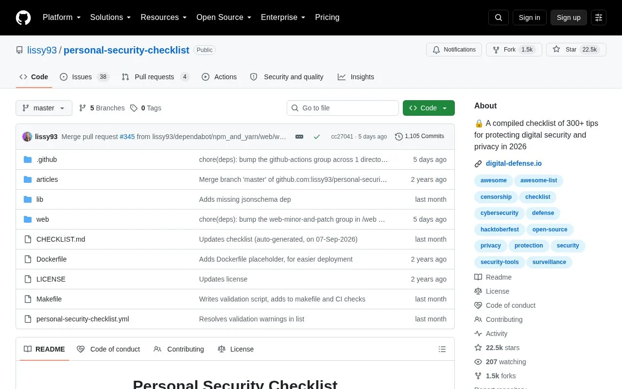 Personal Security Checklist homepage screenshot