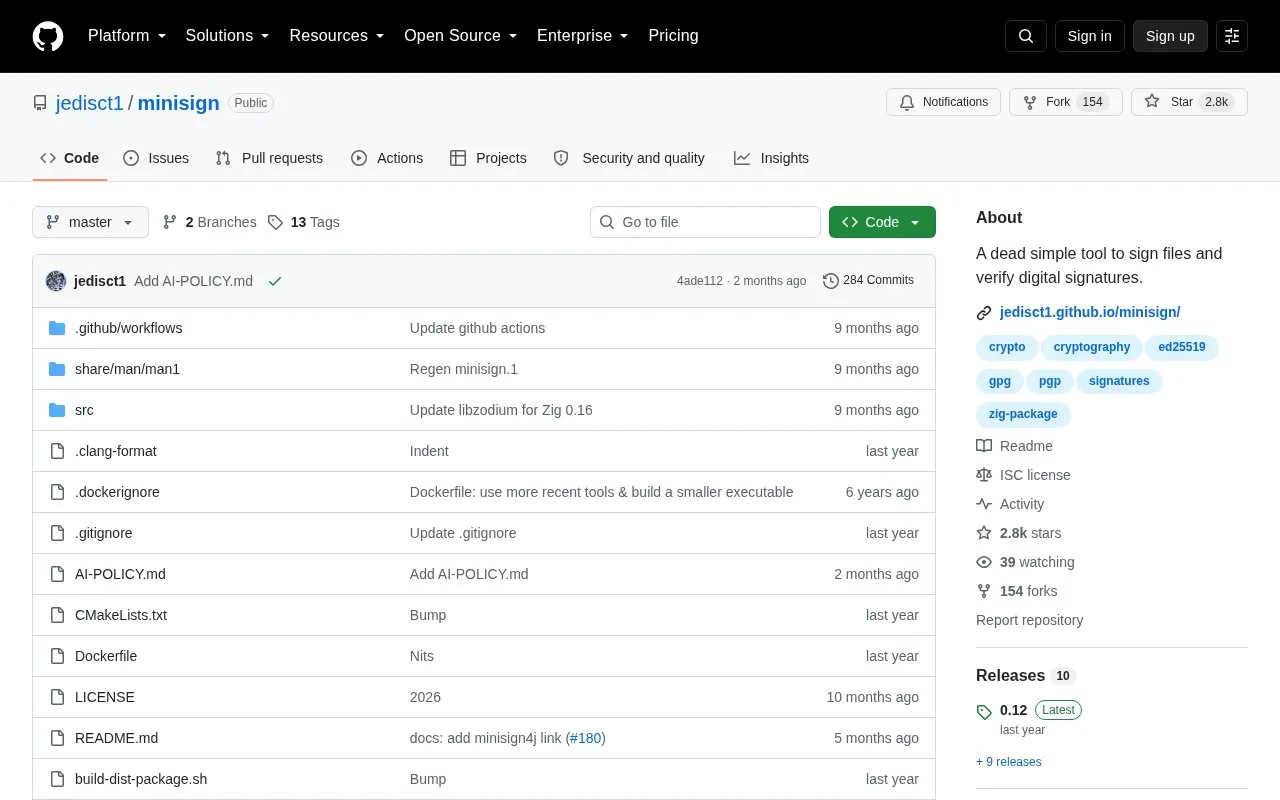 Minisign homepage screenshot