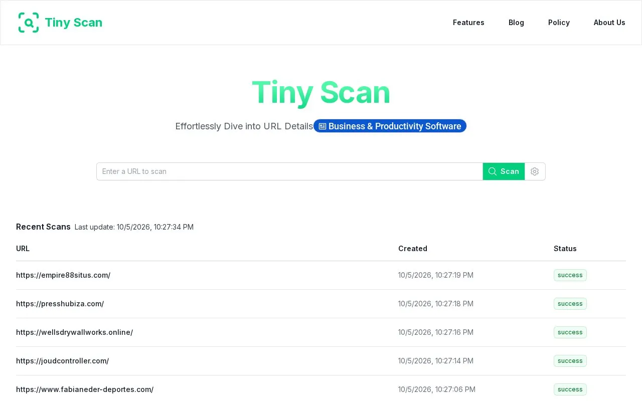 TinyScan homepage screenshot