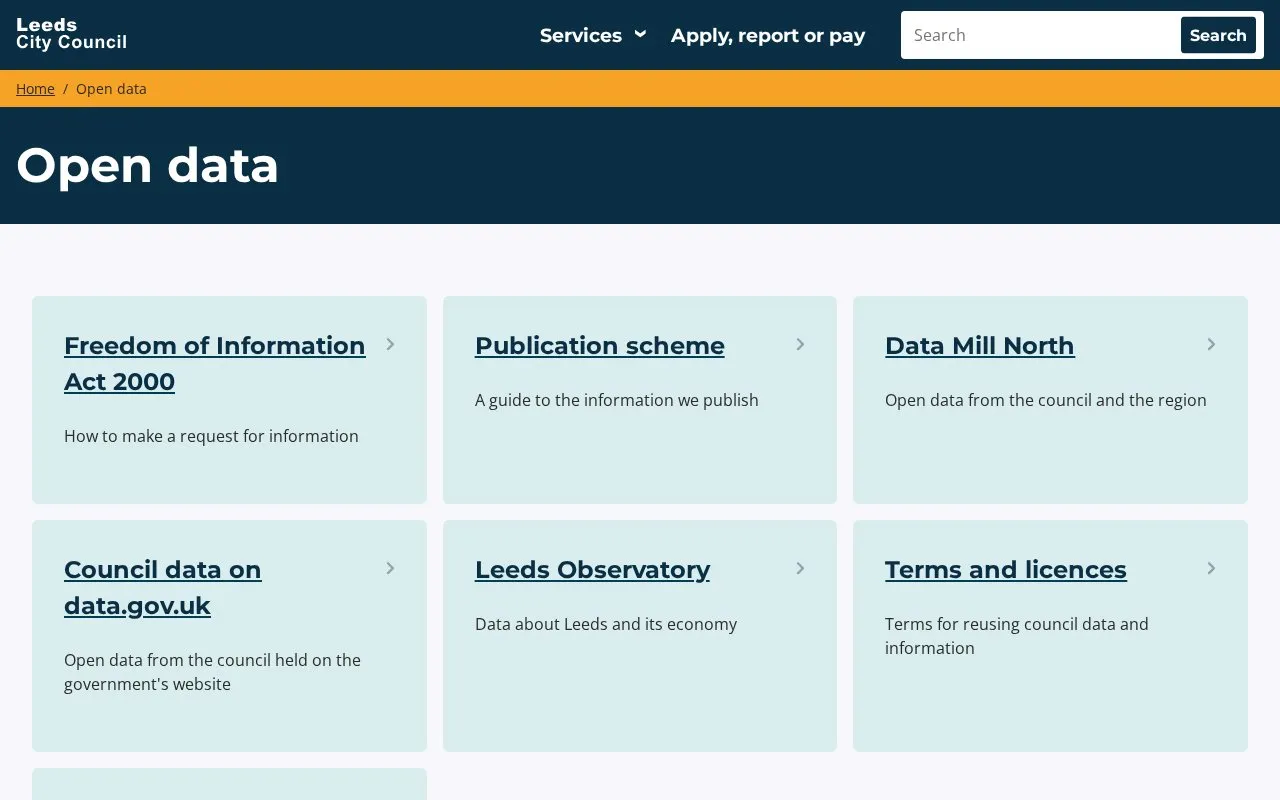 Open Data Leeds City Council homepage screenshot