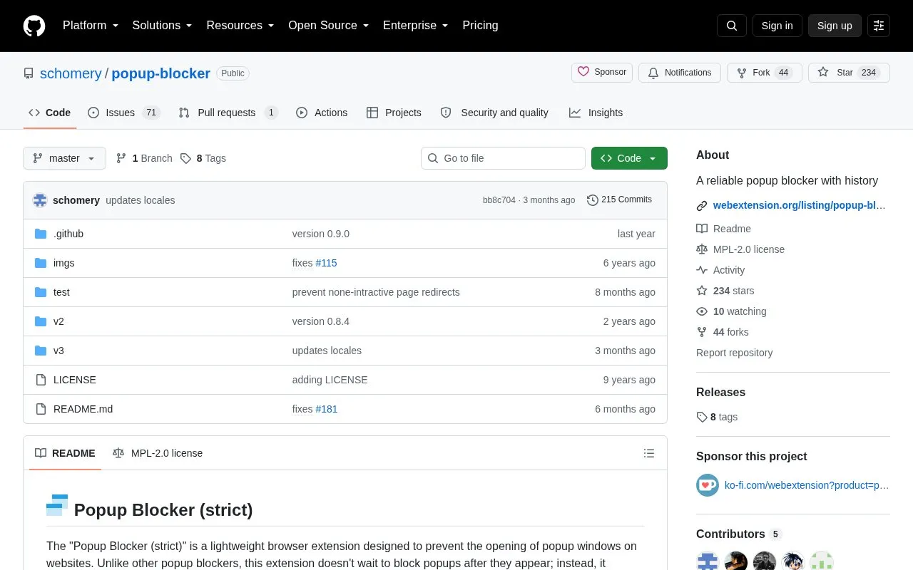 Popup Blocker (strict) homepage screenshot