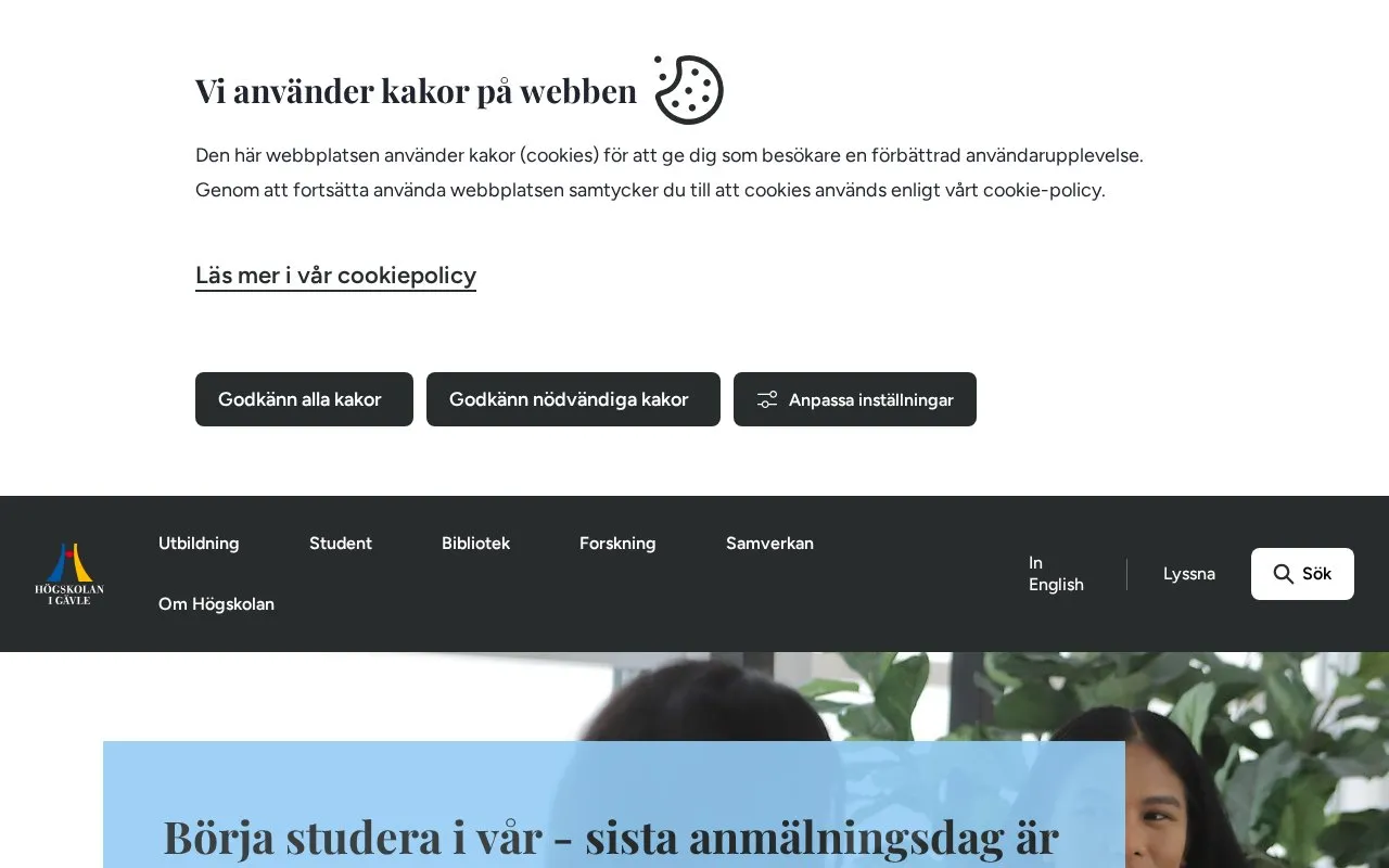 University of Gavle homepage screenshot