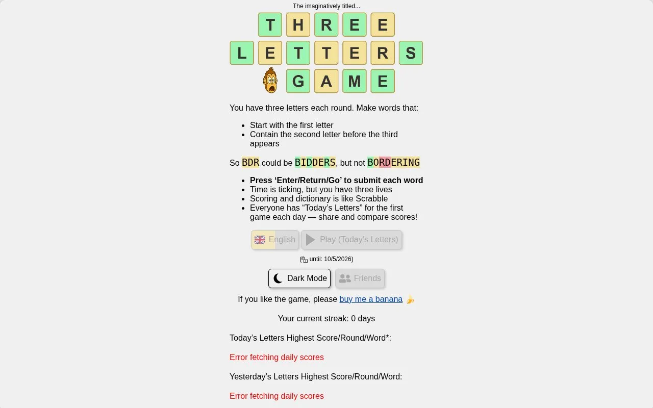 Three Letters Game homepage screenshot