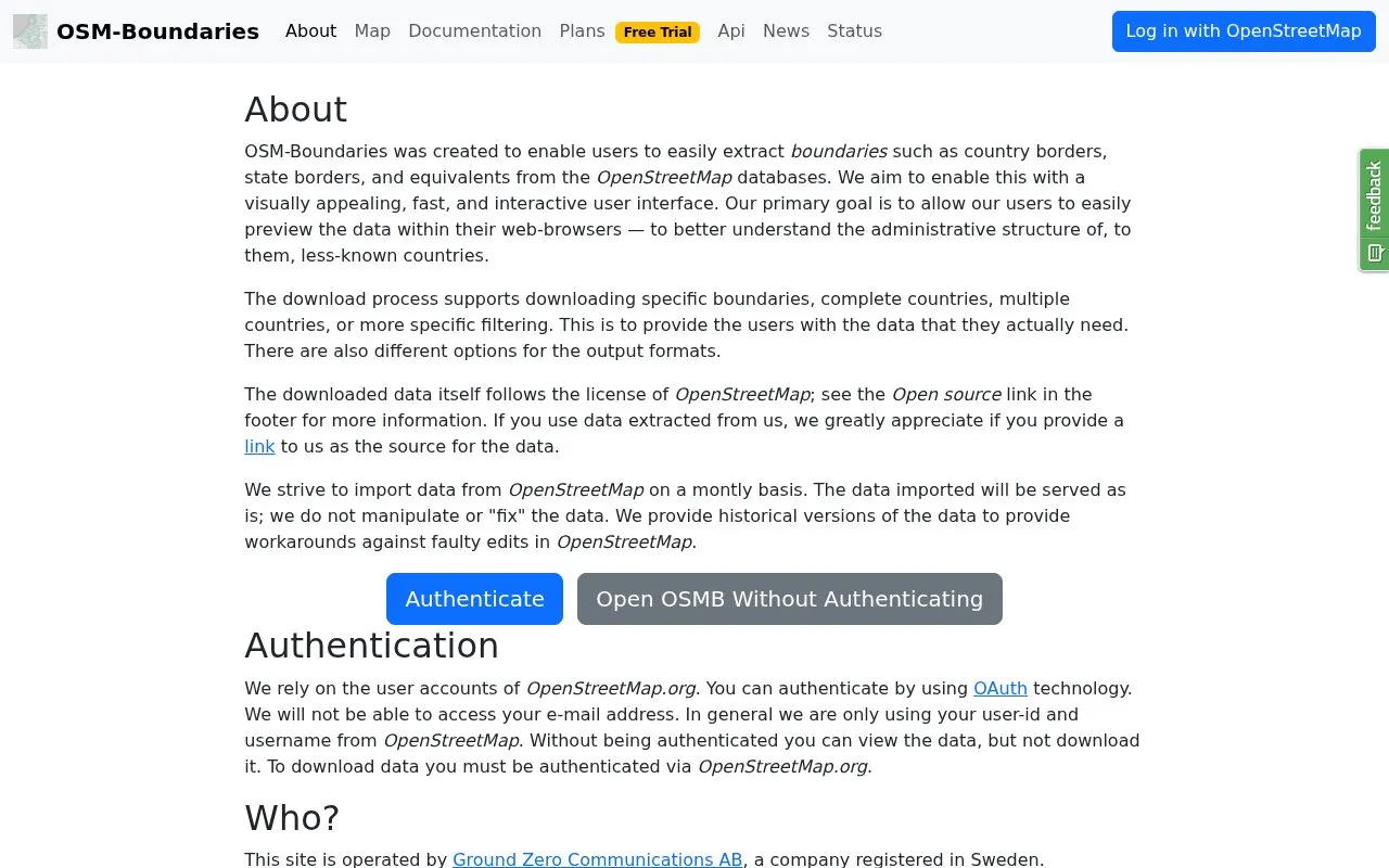 OSM boundaries homepage screenshot