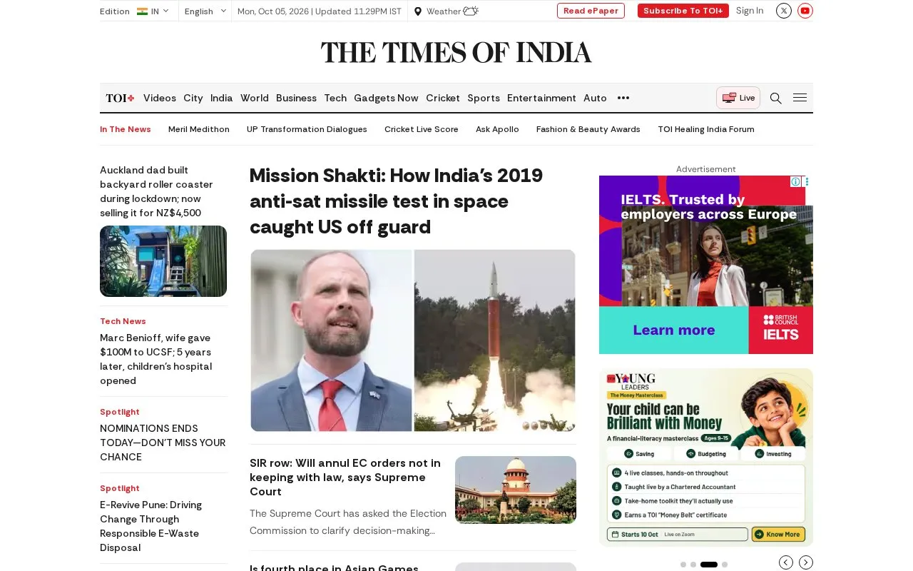 The Times of India homepage screenshot