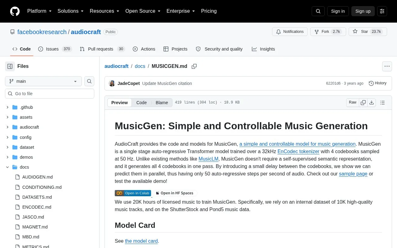 MusicGen homepage screenshot