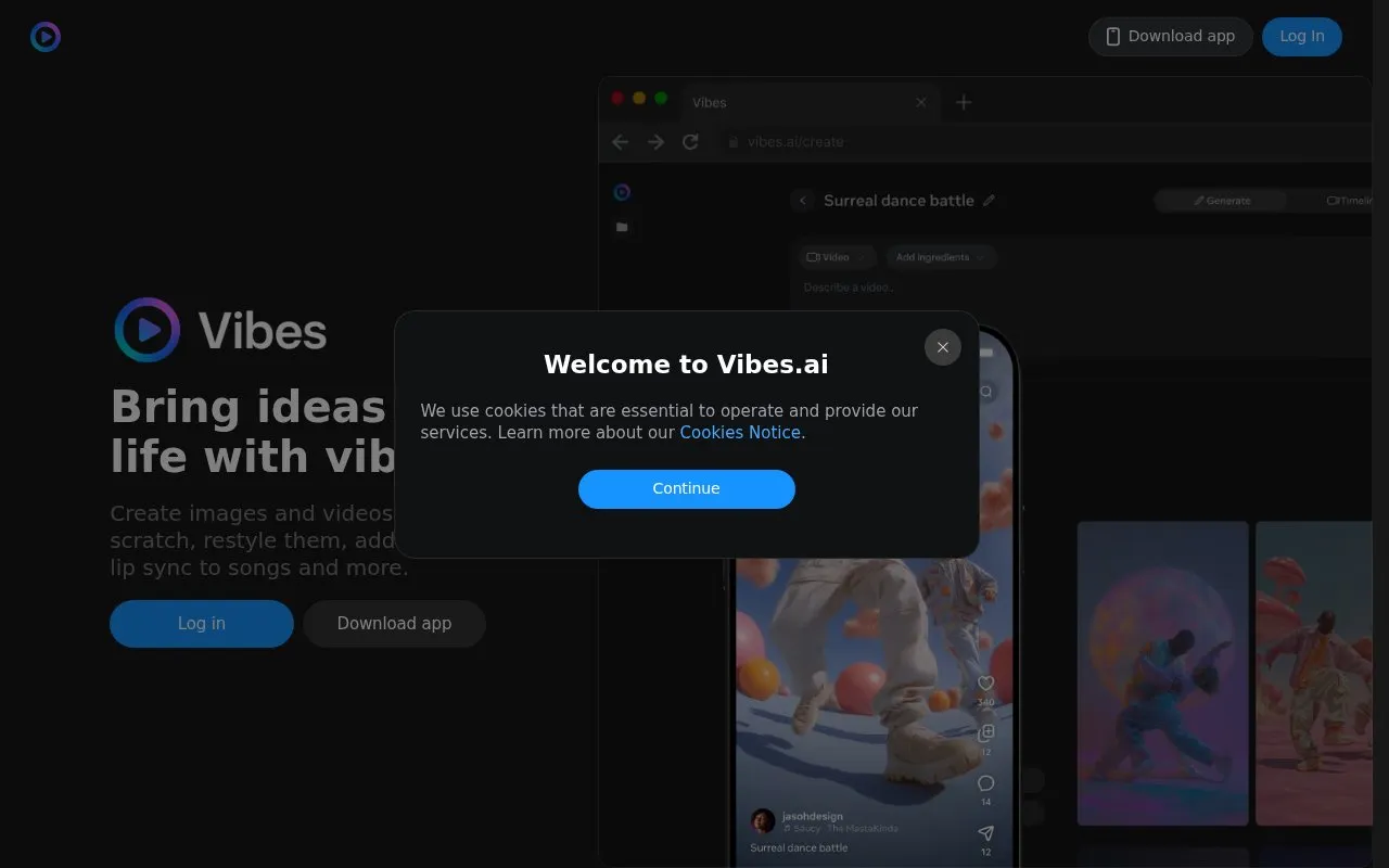 Vibes homepage screenshot