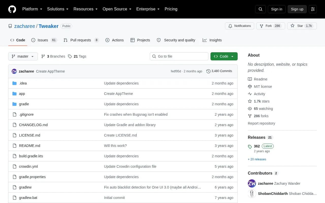 Tweaker homepage screenshot