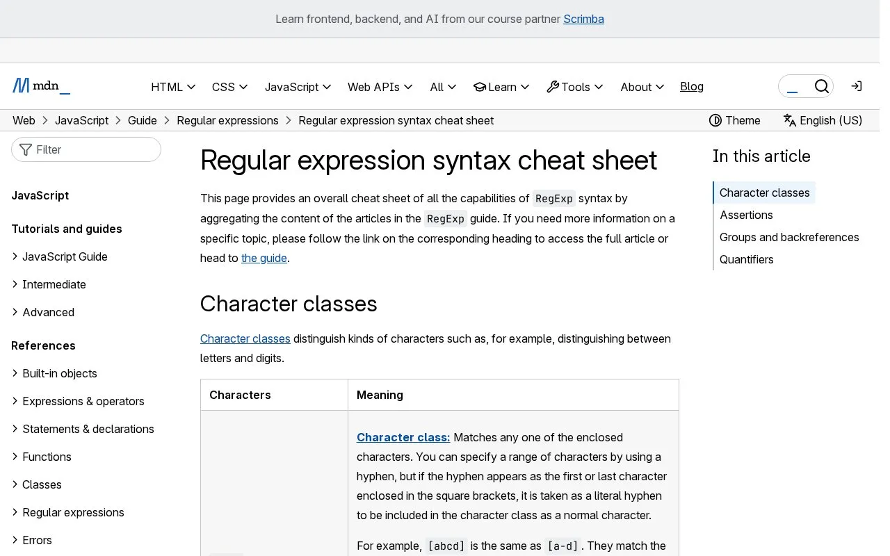 Regex Syntax Cheatsheet homepage screenshot