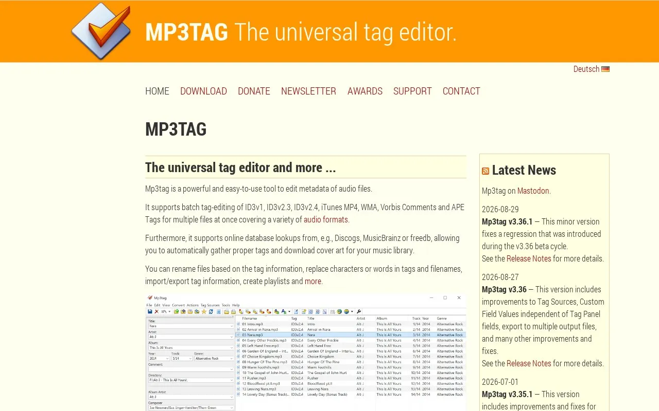 MP3Tag homepage screenshot