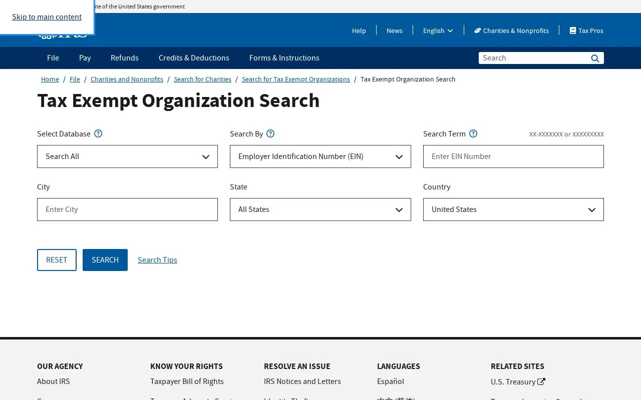 Tax Exempt Organization Search homepage screenshot