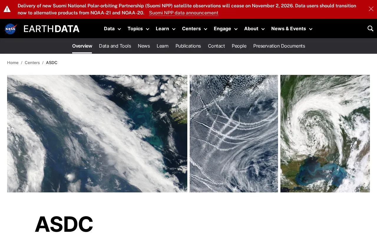 Atmospheric Science Data Center homepage screenshot