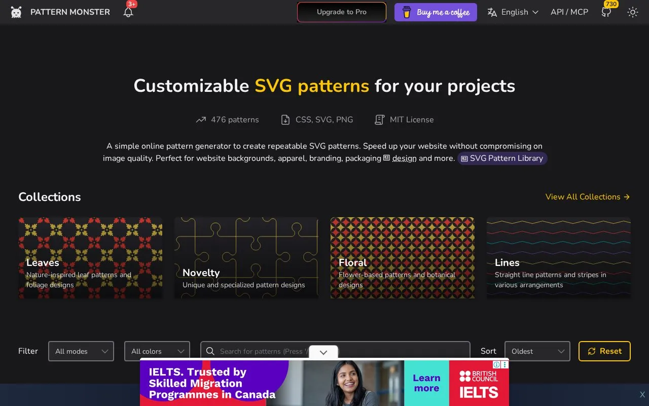 Pattern homepage screenshot