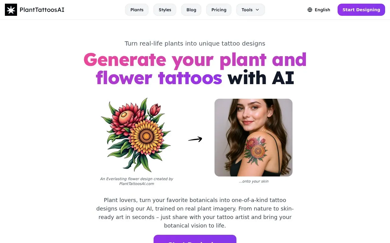 PlantTattoosAI homepage screenshot