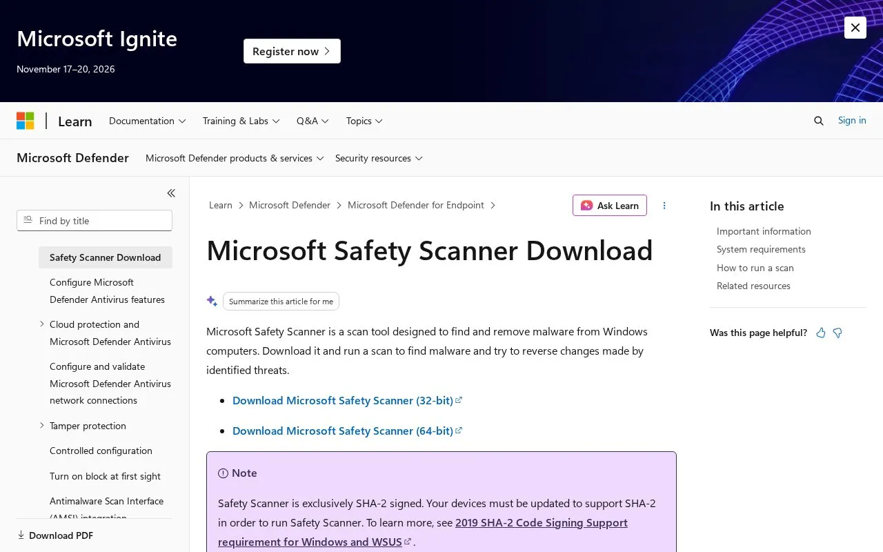 Microsoft Safety Scanner homepage screenshot
