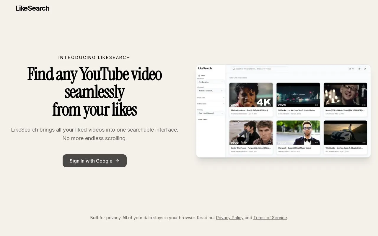 LikeSearch homepage screenshot