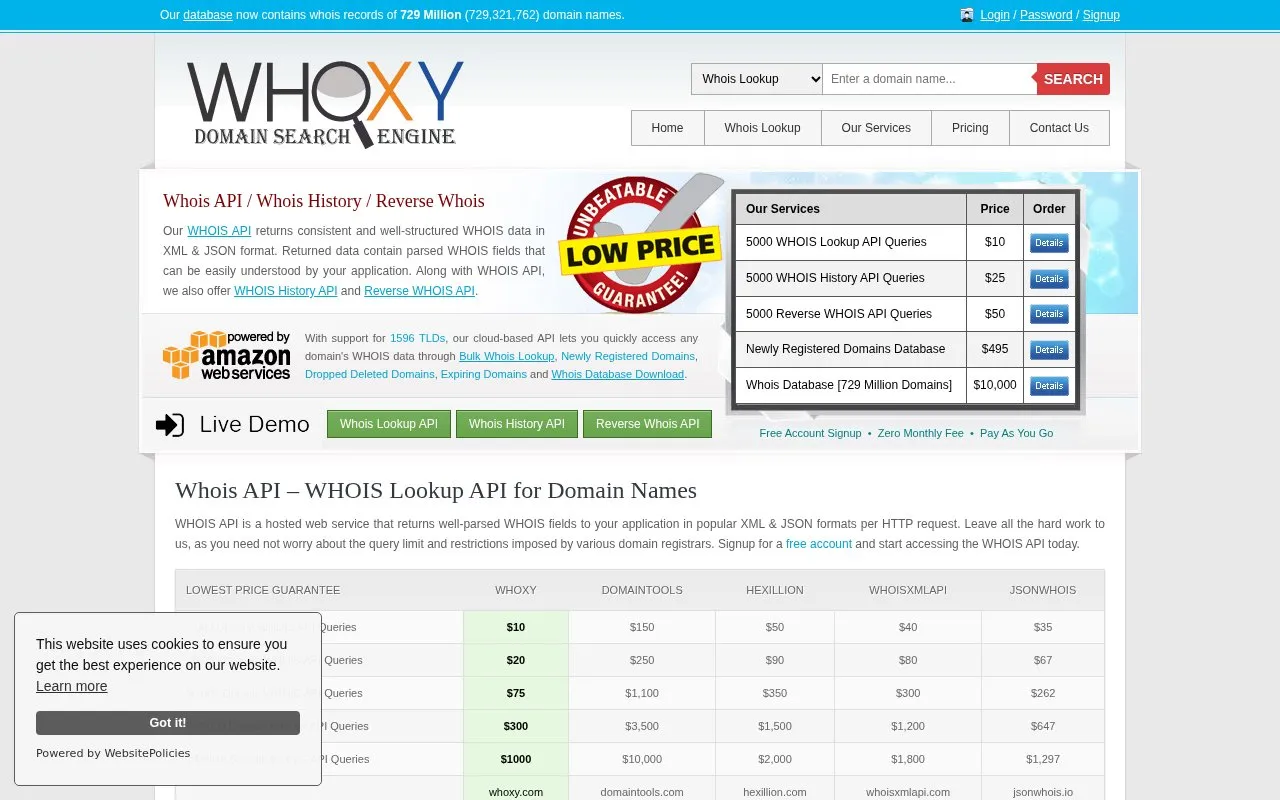Whoxy homepage screenshot