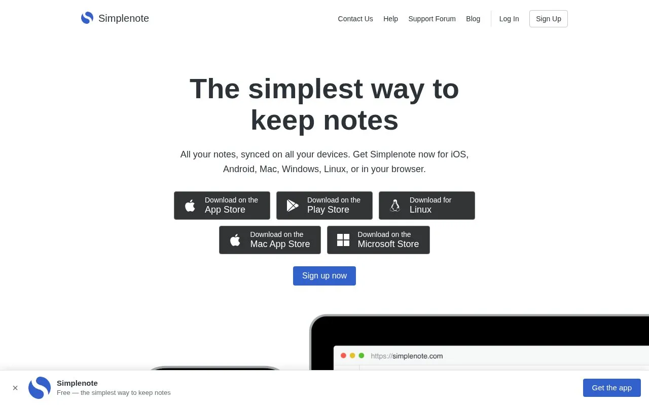 Simplenote homepage screenshot