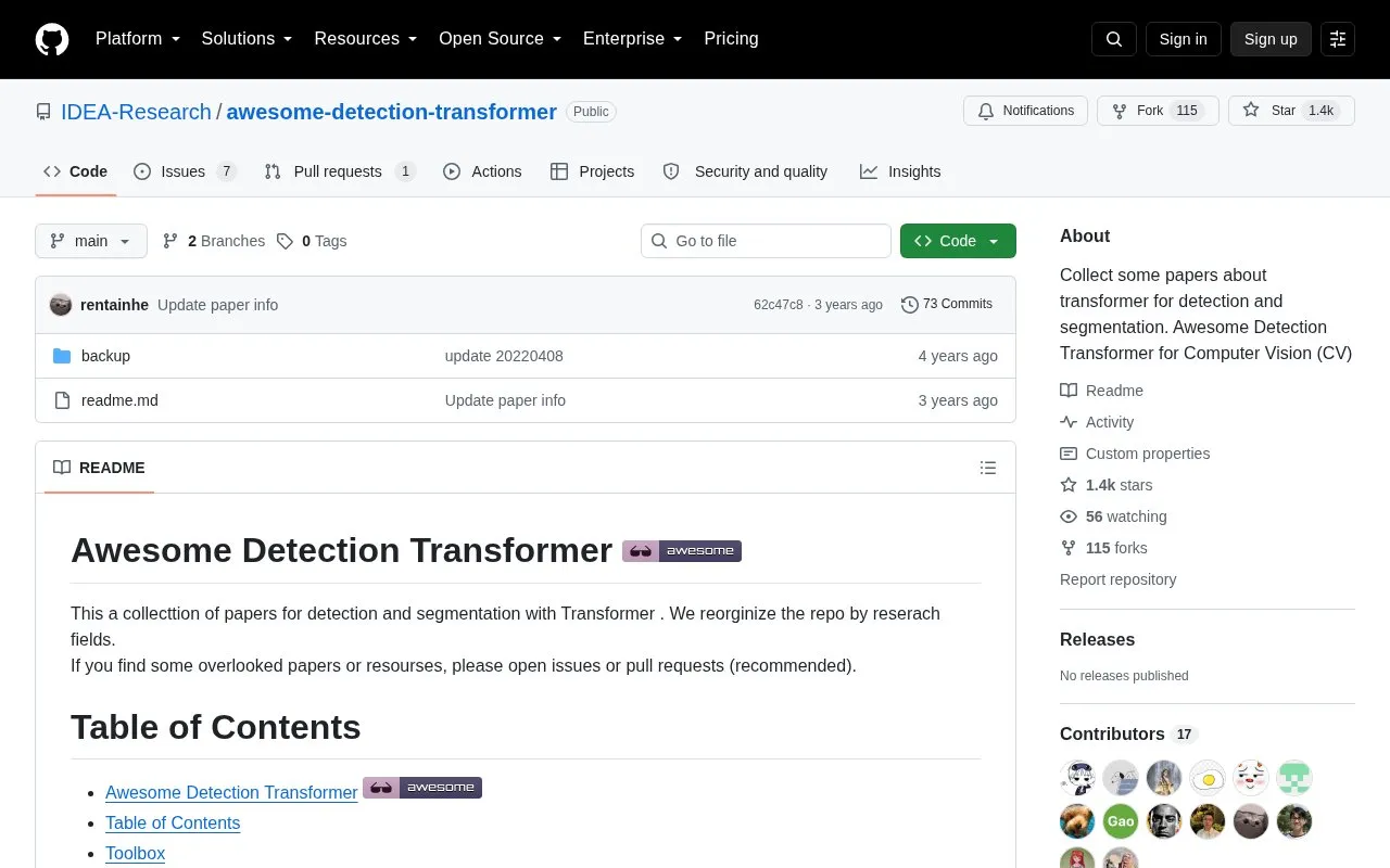 Awesome Detection Transformer homepage screenshot