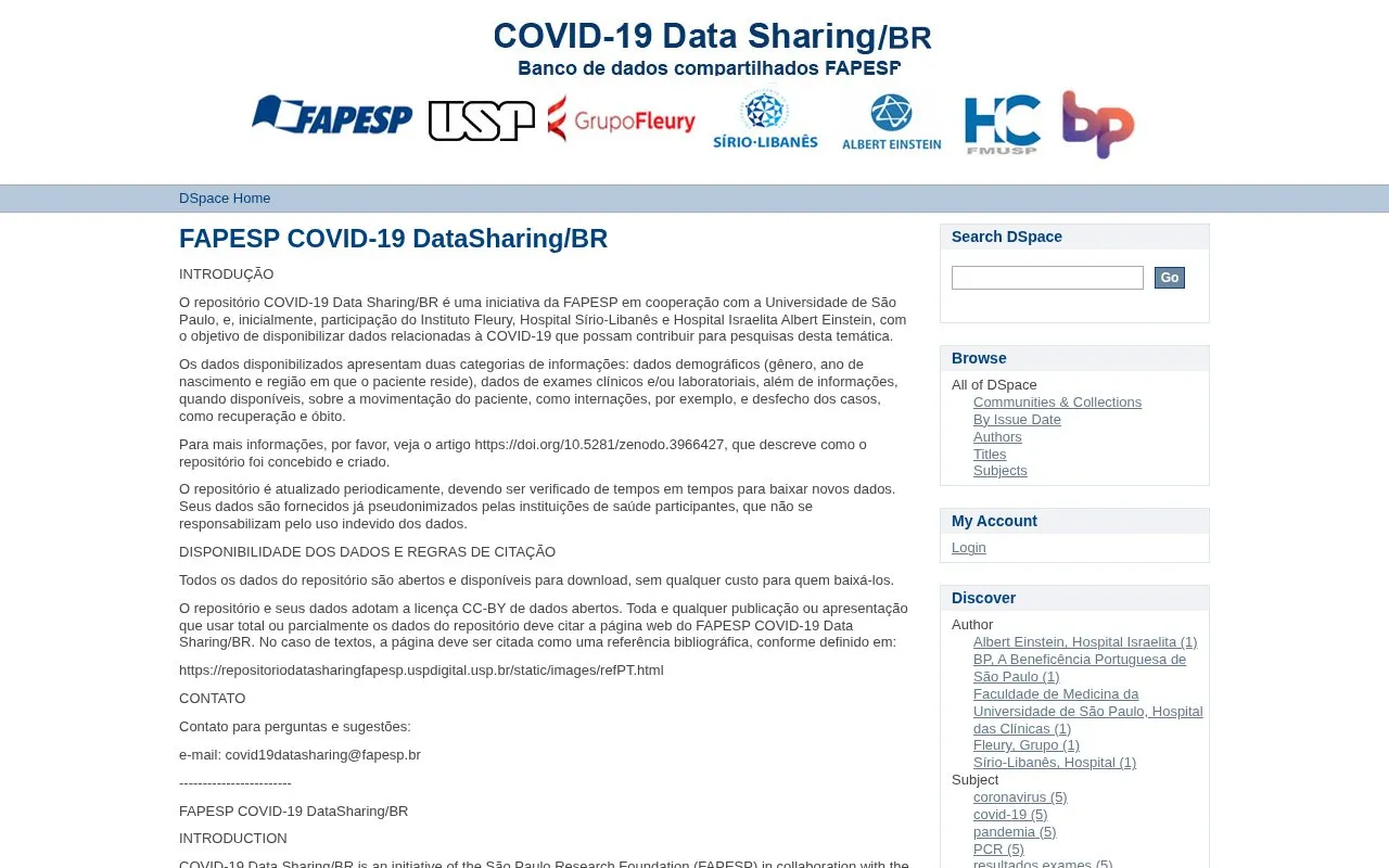 FAPESP COVID-19 Data Sharing/BR homepage screenshot