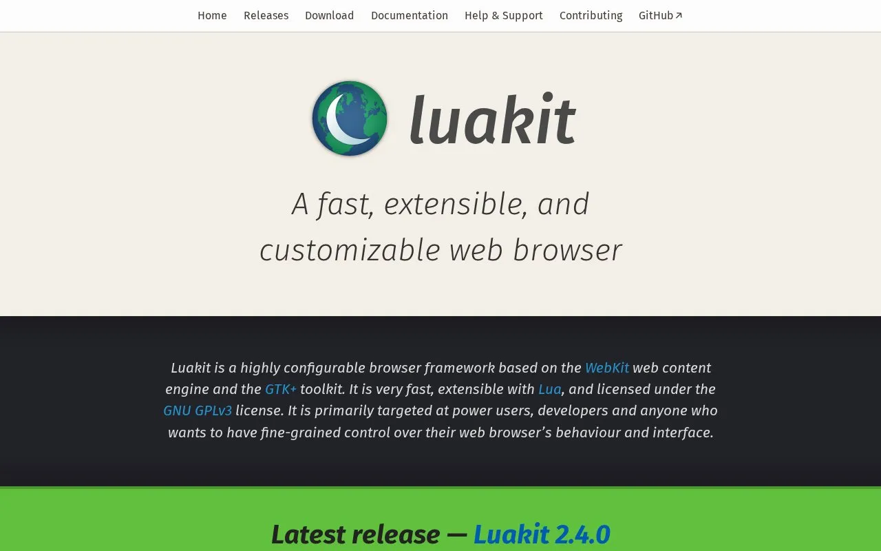 Luakit homepage screenshot