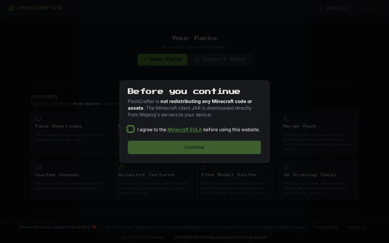 PackCrafter homepage screenshot