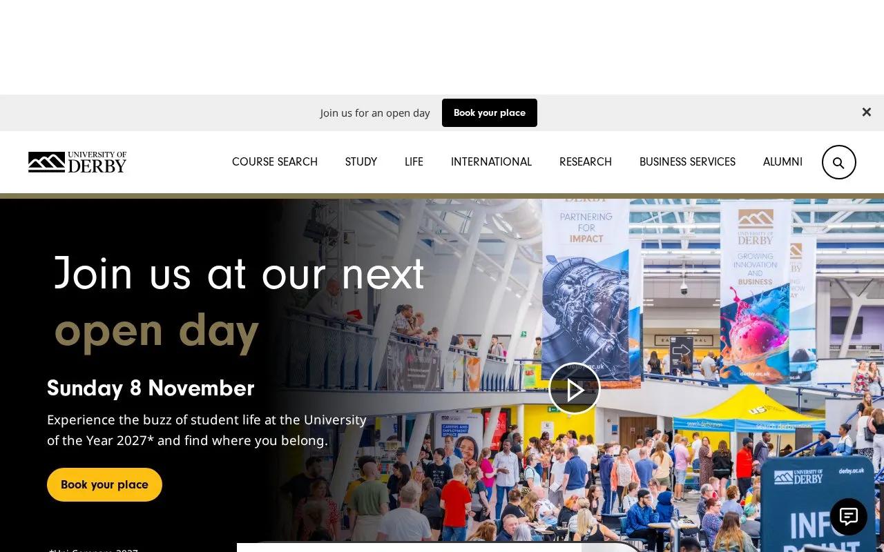 University of Derby homepage screenshot