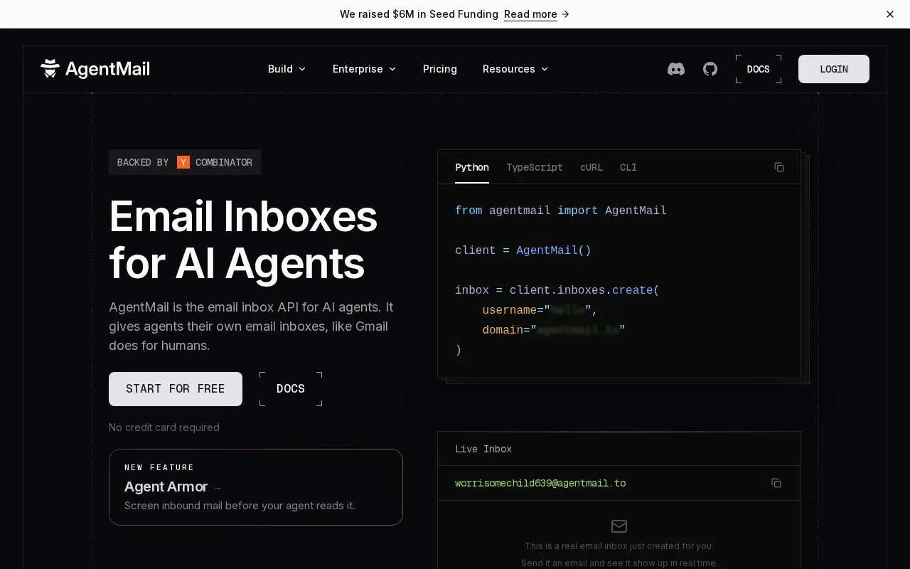 AgentMail homepage screenshot