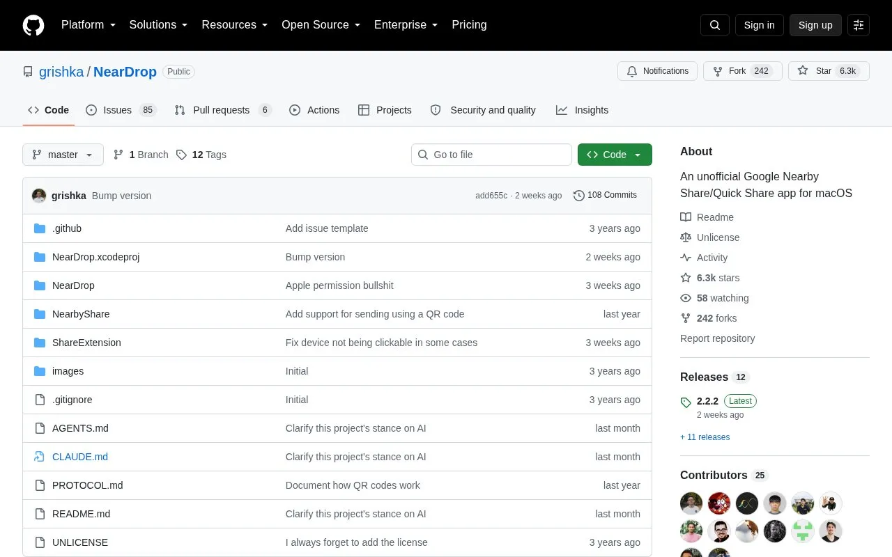 NearDrop homepage screenshot