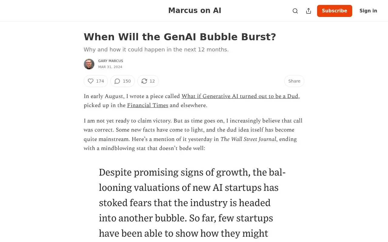 When Will the GenAI Bubble Burst? - by Gary Marcus homepage screenshot
