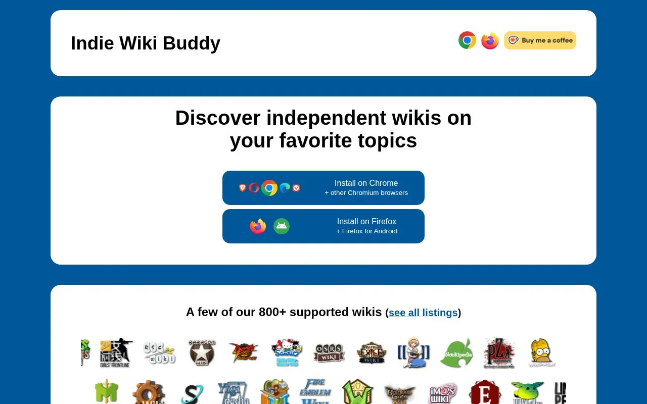 Indie Wiki Buddy homepage screenshot