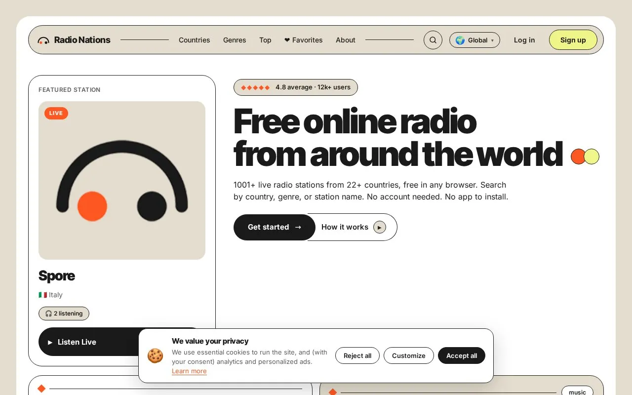 Radio Nations homepage screenshot
