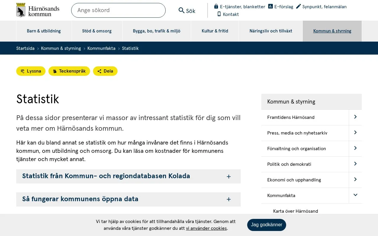 Härnösand Municipality open data homepage screenshot