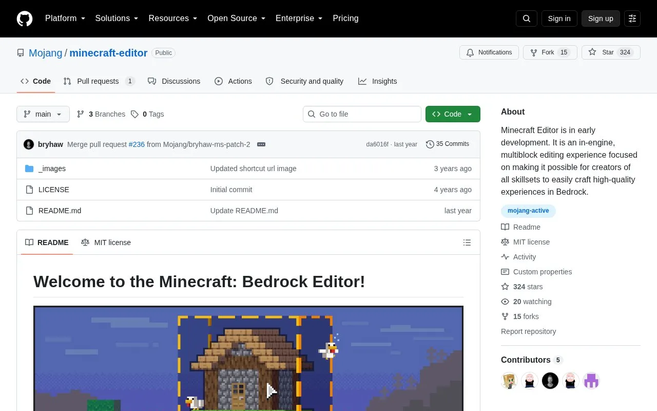 Bedrock Editor homepage screenshot