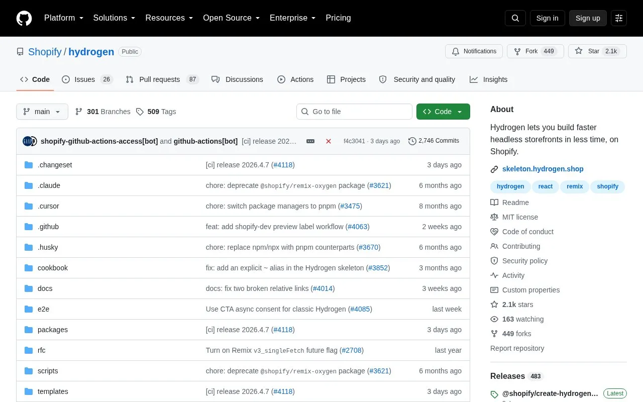 Hydrogen homepage screenshot