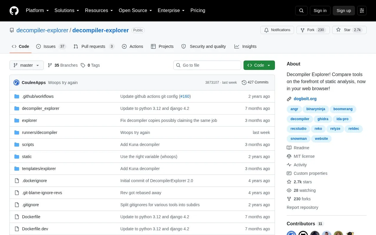 Decompiler Explorer homepage screenshot