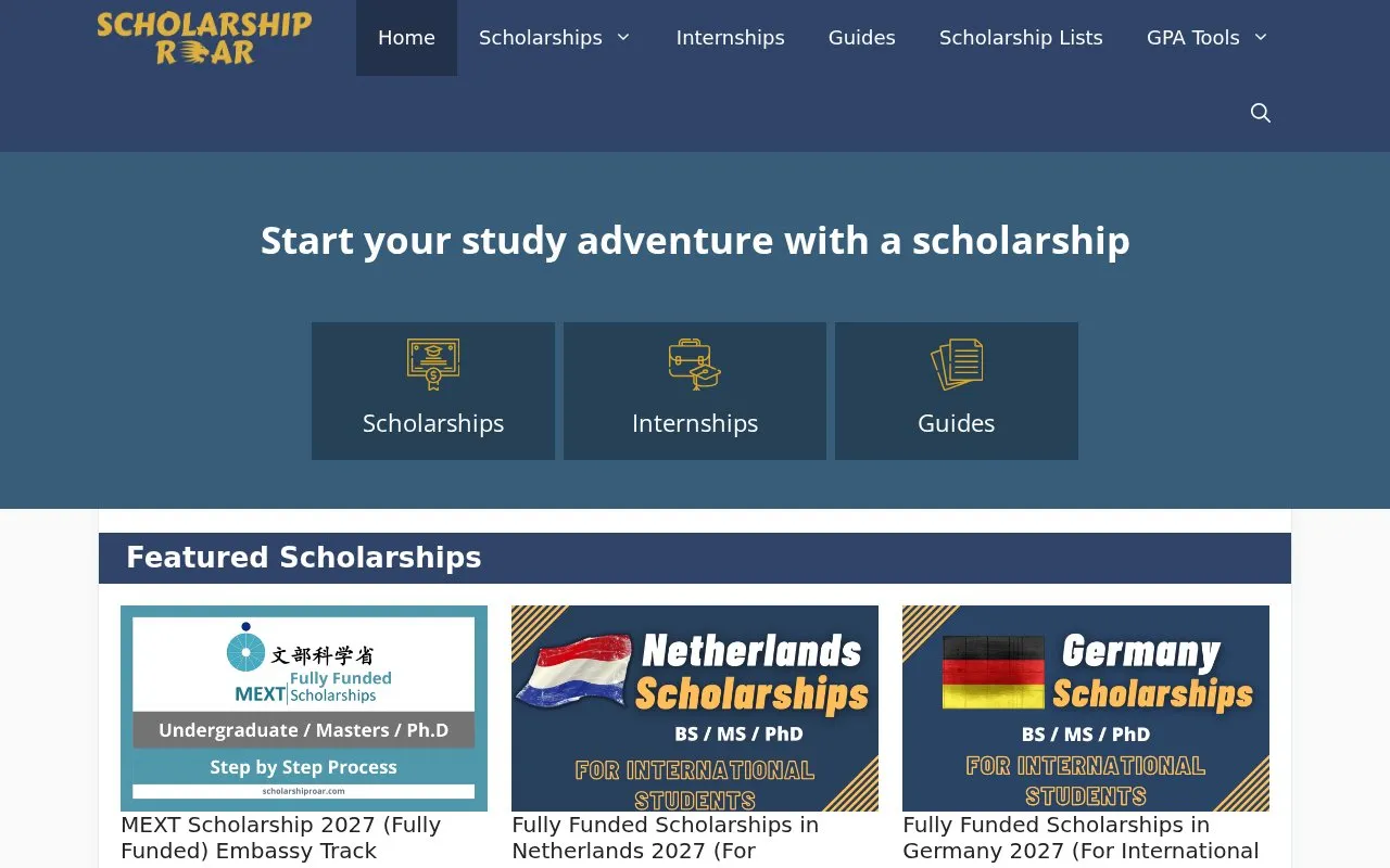 Scholarship Roar homepage screenshot