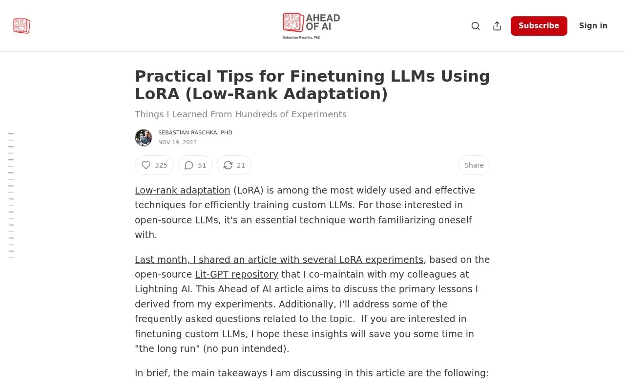 Practical Tips for Finetuning LLMs Using LoRA (Low-Rank Adaptation) homepage screenshot