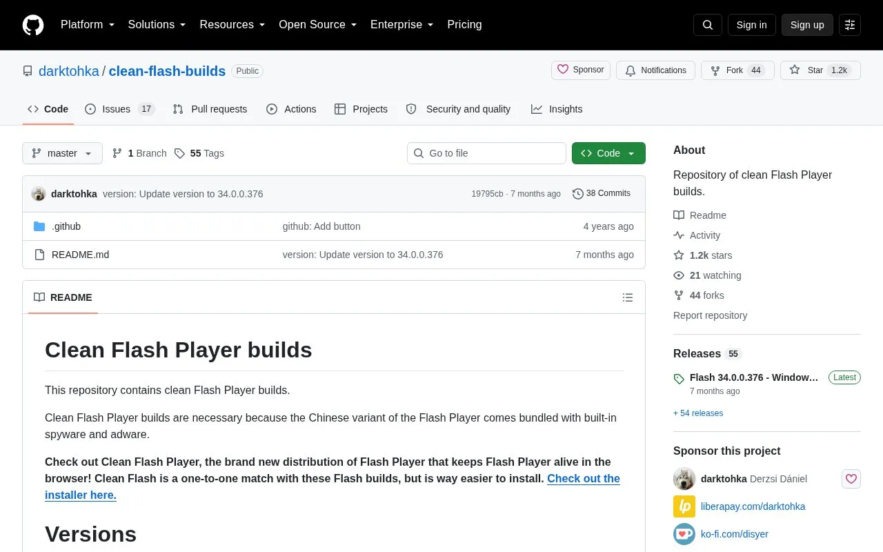 Clean Flash Builds homepage screenshot