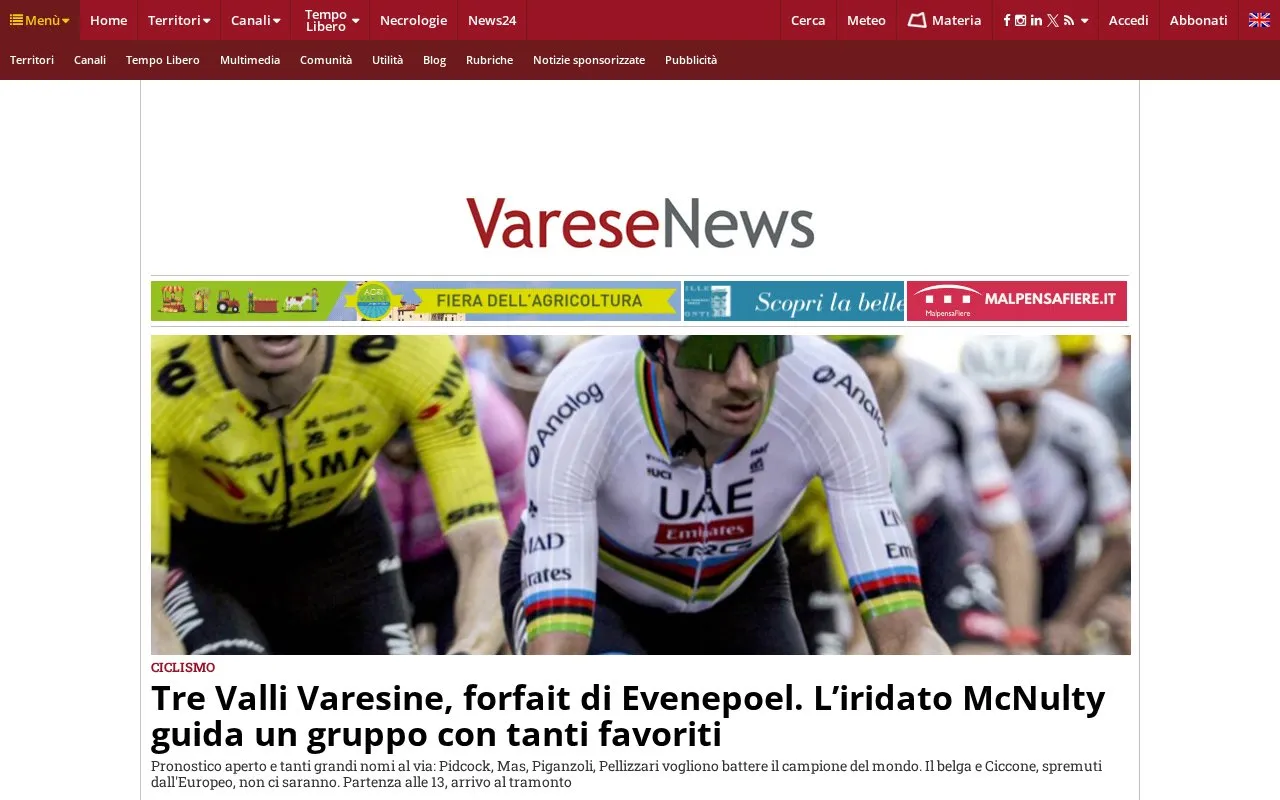 VareseNews homepage screenshot