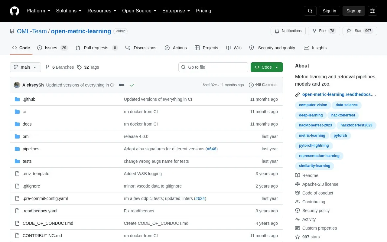 OpenMetricLearning homepage screenshot