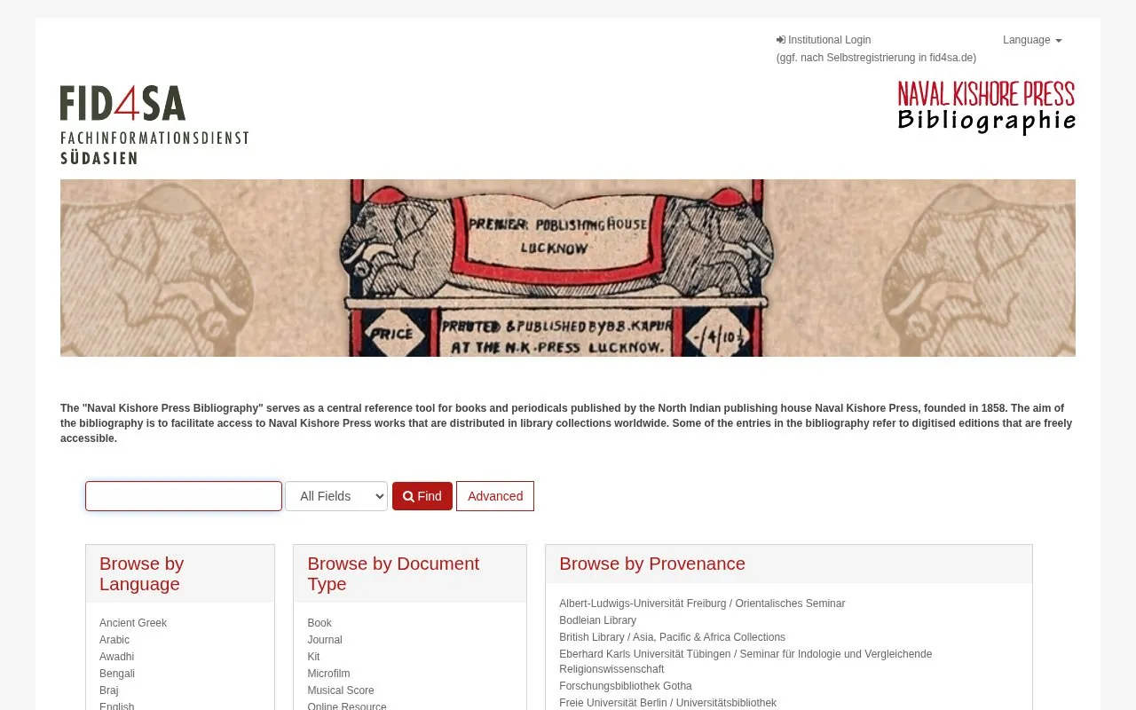 Naval Kishore Press Bibliography homepage screenshot