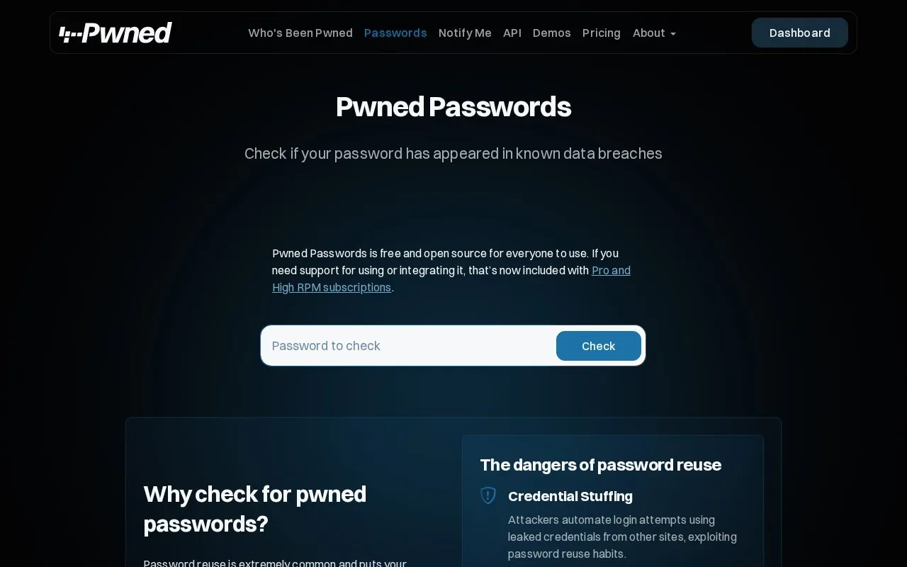 Have I Been Pwned Passwords homepage screenshot
