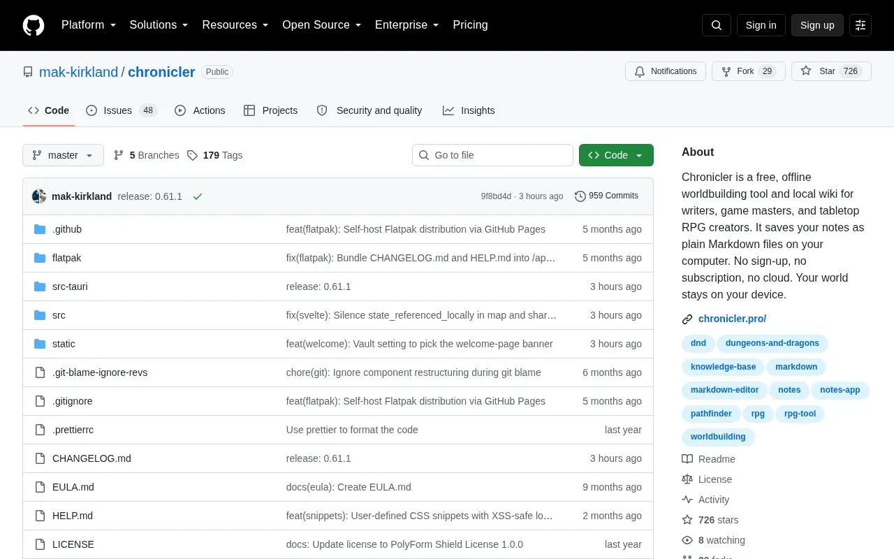 Chronicler homepage screenshot