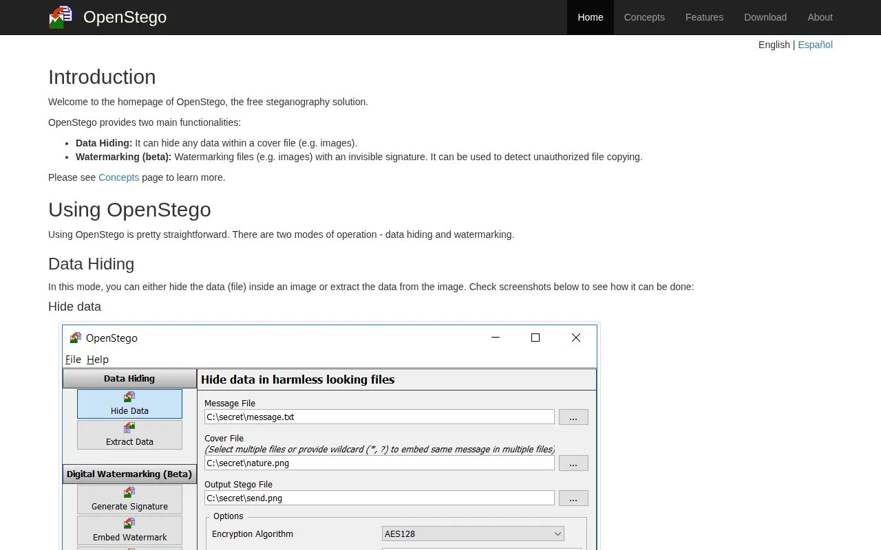 OpenStego homepage screenshot