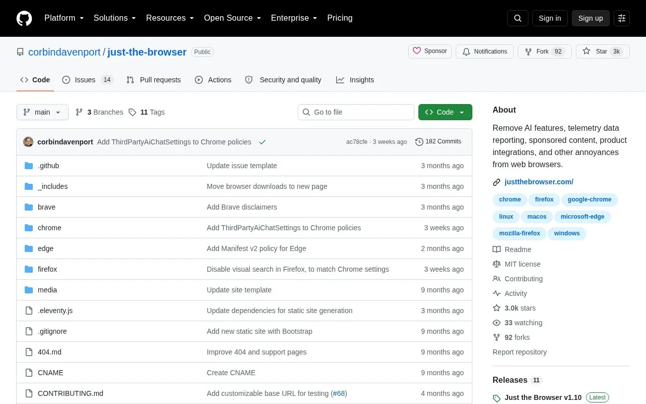Just The Browser homepage screenshot