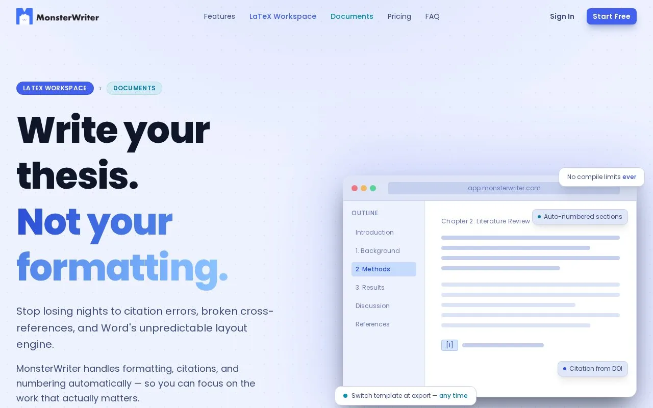 MonsterWriter homepage screenshot