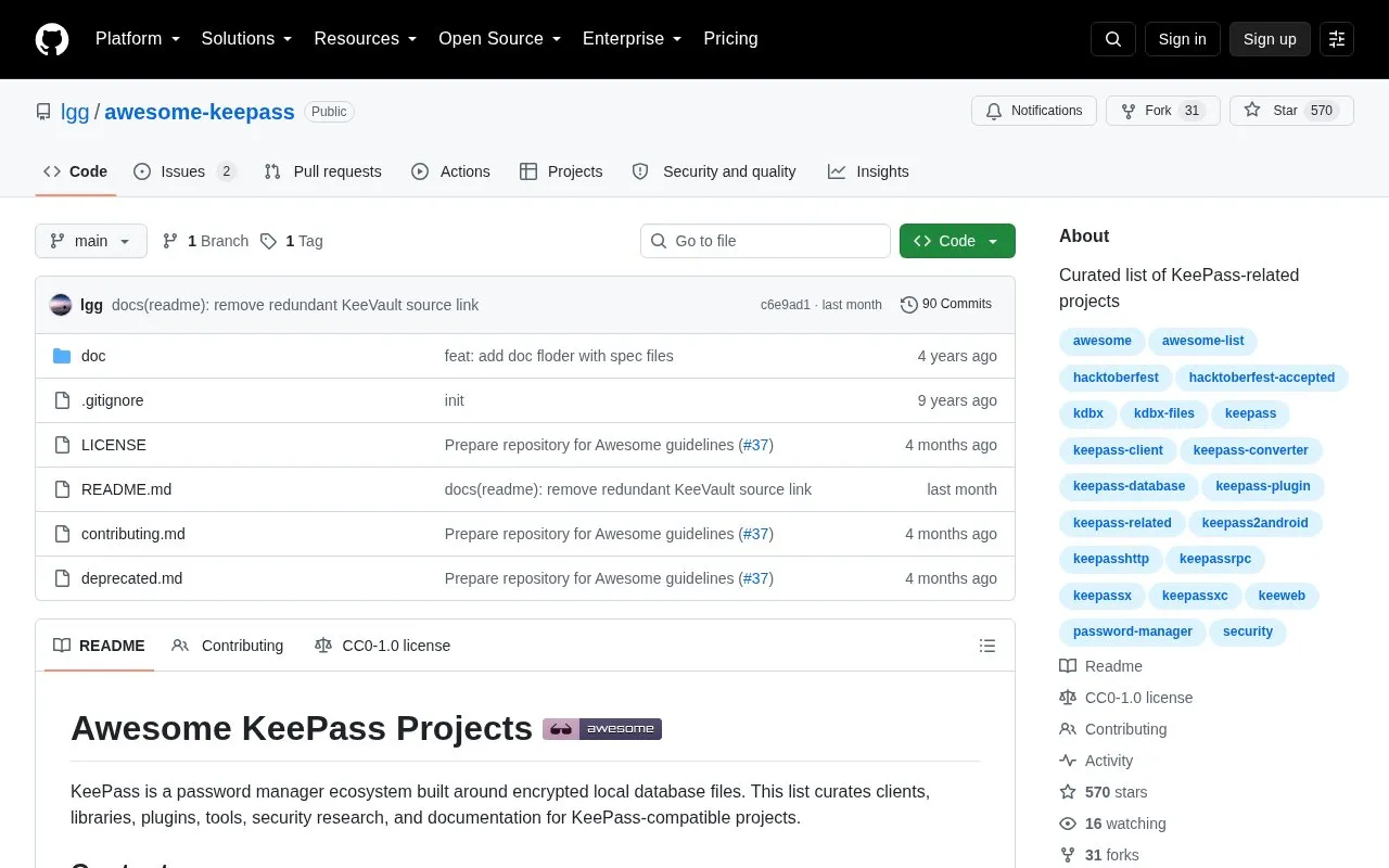 Awesome Keepass homepage screenshot