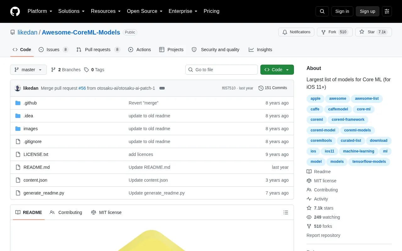 Awesome Core ML Models homepage screenshot
